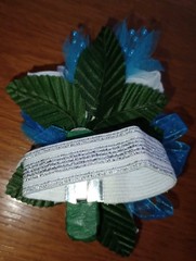 NEW 5″ Artificial White Rose Wrist Corsage Blue Bow, Tulle Tufts W/Pearls, Bout