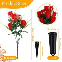 Tigeen 6 Sets Father’s Day Cemetery Flowers with Grave Vase 12 Bunches Red