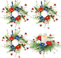 4 PCS Patriotic American Candle Rings Wreaths Artificial 4th of July Floral Cand