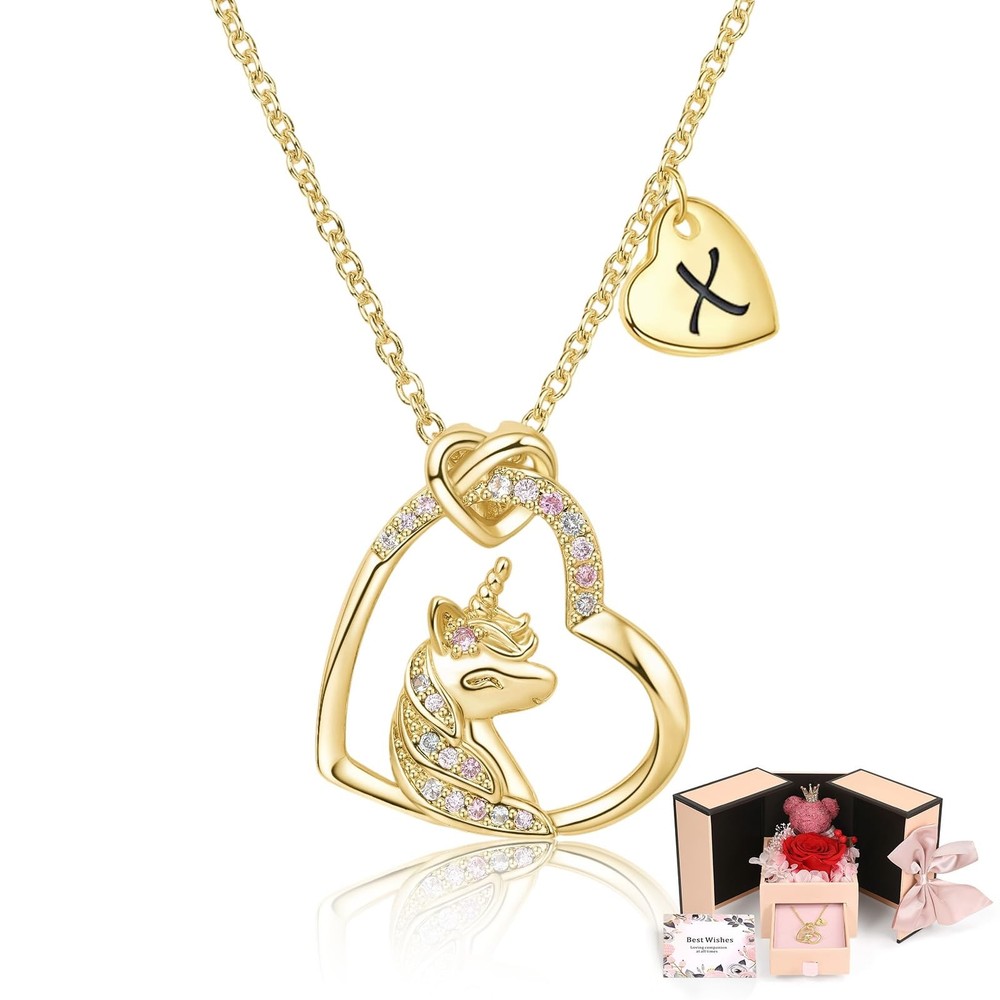Valentine’s Day Preserved Rose Bear Gift Box with Initial Necklace Red New