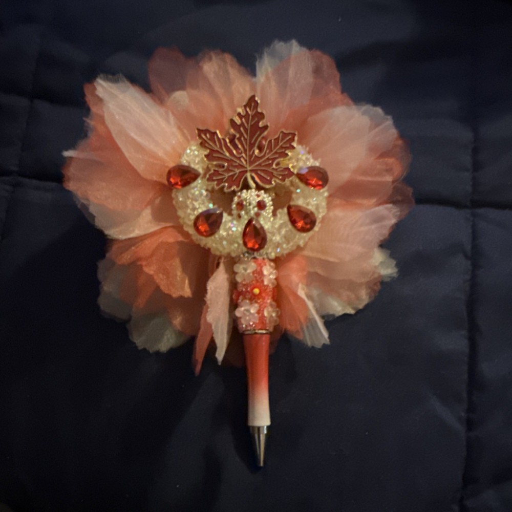 Artificial Peach Wedding Flower Bouquet with Gold Leaf & Red Rhinestones 2 in