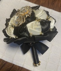 NEW Quinceañera or Wedding Bouquet Black & Ivory with Gold Brooches
