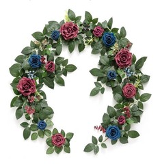 Ling’s Moment 5FT Burgundy & Navy Blue Artificial Flower Garland w/ Rose Leaves