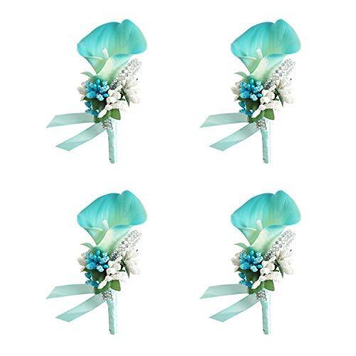 Yoanshop Calla Lily Blue Boutonniere Set of 4 Handmade Silk Flower with Ribbon