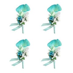 Yoanshop Calla Lily Blue Boutonniere Set of 4 Handmade Silk Flower with Ribbon