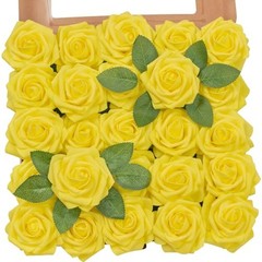 Yellow Flowers Artificial Rose 25pcs Realistic Fake Roses for Canary Yellow