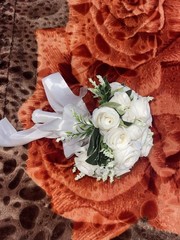Artificial White Rose Wedding Bouquet, White Satin Ribbon, Green Accents