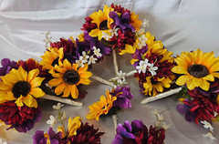 Fall Wedding Bouquet Set, Roses, Sunflowers, Purple, Yellow, Maroon