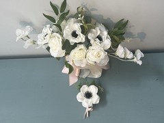 Bride Wedding Bouquet Silk Ribbon Roses Artificial White Flowers Accessories- A3