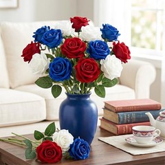 14PCS Red White Blue Artificial Roses, Patriotic Velvet Silk Fake Roses Flowers