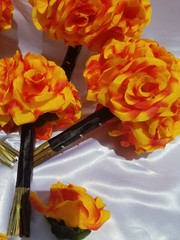 21 Pc Orange, Yellow, Black Wedding Bouquet Package, Bouquet Set w/ Dried Stems