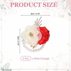 Rose Wrist Corsage, 4Pcs Wrist Corsage Bracelets Flower Wristlet, Red