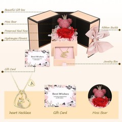 Valentine’s Day Preserved Rose Bear Gift Box with Initial Necklace Red New