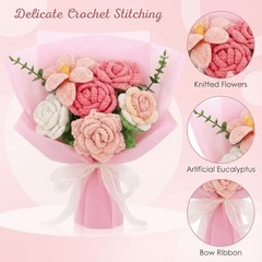 Pink Crochet Flower Bouquet, Handmade Knitted Yarn Rose Flowers with Gift
