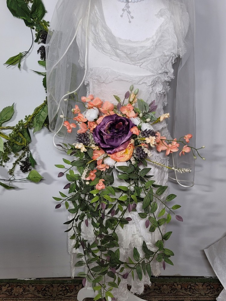 27 Inch Long Purple, Peach And White Cascading Bridal Bouquet