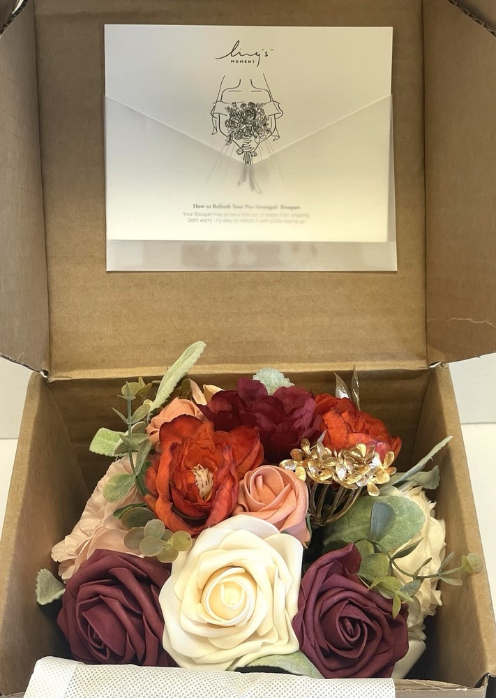Ling’s Moment Autumn Earthy Burgandy Rose Multi Floral Eucalyptus Bridal Bouquet