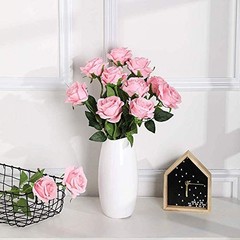 12 PCS Artificial Flowers Roses Silk Flowers Fake Long Stem Artificial Pink