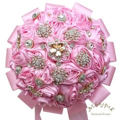 6.3″ Pink Bling Brooch Bouquet – Artificial Rose Flower for Bridal, Bridesmaid,