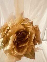16 pc Artificial Rose Pomander/Wedding Décor / Ribbon, Burgundy/Gold w/Pew Clips