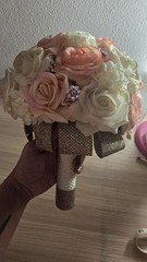 Handmade Faux Rose Bridal Bouquet Ivory Blush Peach Roses Rhinestone Accents