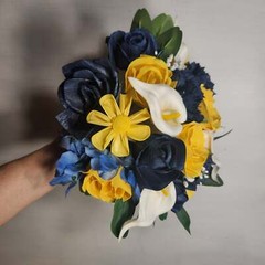 Yellow Navy Blue Rose Calla Lily Sola Wood Bridal Wedding Bouquet Accessories