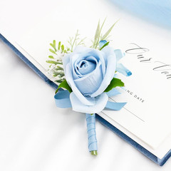 Light Blue Corsage and Boutonniere Set for Wedding Prom, Artificial Rose Babysbr