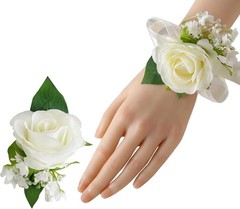 Wrist Corsage and Boutonniere Set2pcs, Ivory White Artificial Silk Rose Pearl…