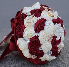 Sharebeauty 5.9 Inch Handmade Bridal Bouquet Burgundy Ivory Rose Wedding