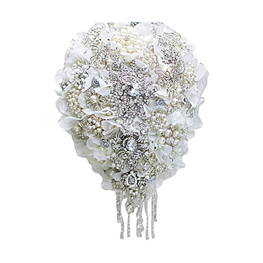 White Hydrangea Drop Brooch Bouquet Silver Wedding Bouquets Crystal Teardrop …