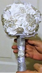 Bridal Bouquet Silver Clear Gem Brooch Pin Bling White Latex Roses Satin Tulle