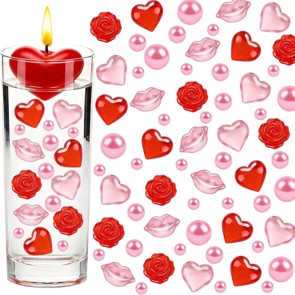 120 Pcs Valentine Vase Filler Decor Acrylic Red Pink Heart Pearls Rose Lip Ornam
