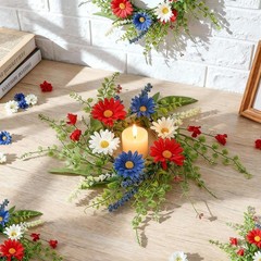 4 PCS Patriotic American Candle Rings Wreaths Artificial 4th of July Floral Cand