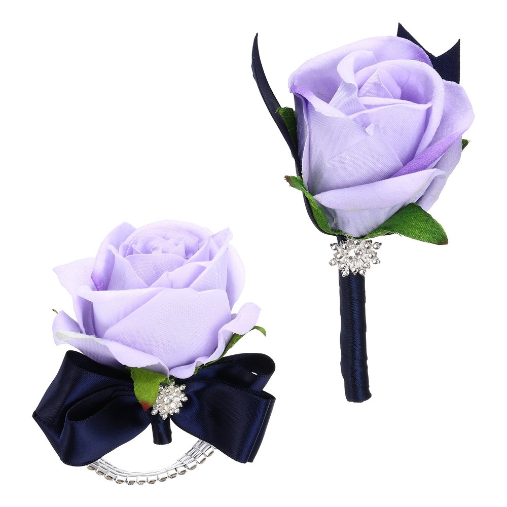 2Pcs Wrist Corsage Boutonnieres Set with Navy Blue Ribbon, Light Purple