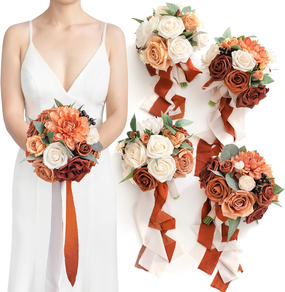 Terracotta Artificial Flower Bridesmaid Bouquet Set of 4 in Burnt Orange