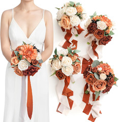 Terracotta Artificial Flower Bridesmaid Bouquet Set of 4 in Burnt Orange