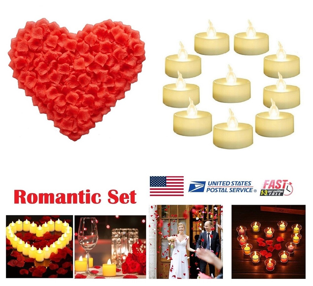 1000PCS Artificial Silk Rose Petals/12PCS LED Candles Decor for Romantic Night