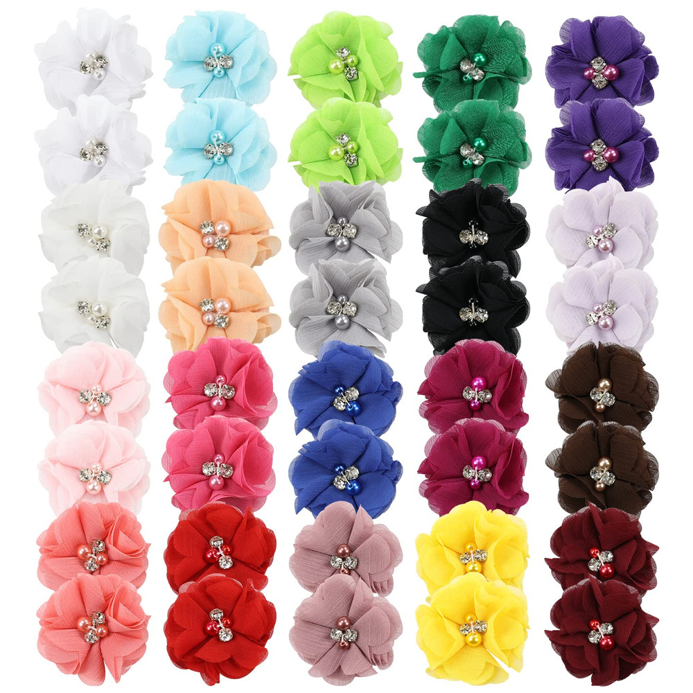 40 Pcs Chiffon Flower Hair Clips 2″ with Rhinestones Pearls Kids Hair Bows