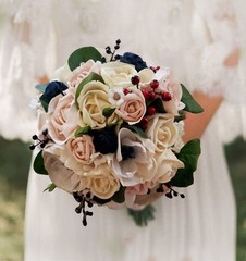 Navy Anemone Blush Pink Champagne Bridal Bouquet & Sola Wood Wedding Flowers