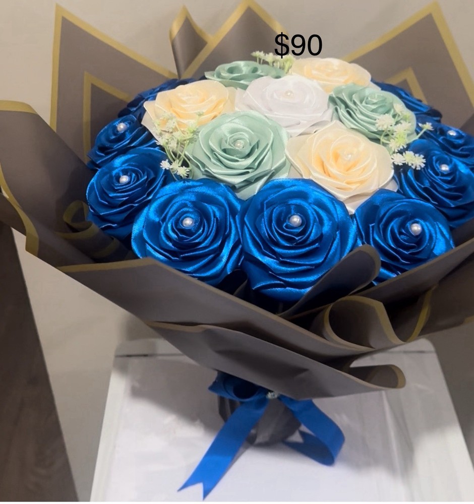 Artificial Silk Rose Flower Bouquet Blue White Cream Green Wedding Centerpiece