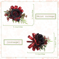 2 Pcs Wine Red Rose Wrist Corsage and Boutonniere Set, Rose Corsage Hand for Wom