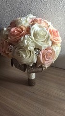 Handmade Faux Rose Bridal Bouquet Ivory Blush Peach Roses Rhinestone Accents
