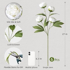 florisso 6 Pcs 27″ Faux Silk Artificial Peony Flowers, Fake Peony White