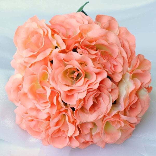 PEACH 12″ tall Velvet Roses ARTIFICIAL FLOWERS Bouquet Wedding Party Decorations