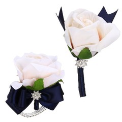 2Pcs Wrist Corsage Boutonnieres Set with Navy Blue Ribbon, Champagne