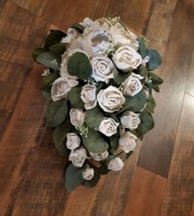 14PC White Peony Rose Sola Wood Cascade Bridal Bouquet Wedding Groom Flower Set