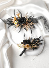 Corsage and Boutonniere Set – Black Wristlet for Men Prom Dark Wrist Corsage for