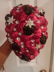 Red & Black Satin Rose Bridal Bouquet, Cascade With Silver Rhinestones