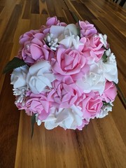 Artificial Pink White Rose Wedding Bouquet Lace Ribbon Fabric Floral Centerpiece