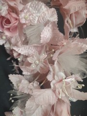 1970s Vintage Silk Wedding Bouquet, 18″ Satin Leaves, Roses, Stephanotis, Pearls