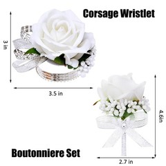 2Pcs White Rose Corsage and Boutonniere Set, Corsage Wristlet Band for Prom D…